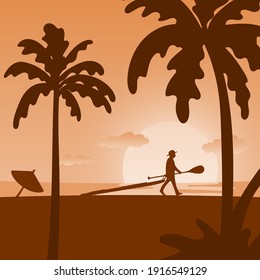 man dragging sup board and paddle on the beach with orange shade illustration vector