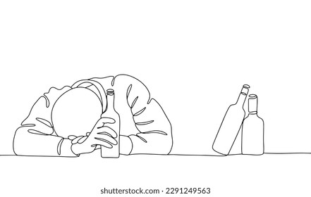 The man drank a lot of alcohol. Drunk person. One line drawing for different uses. Vector illustration.