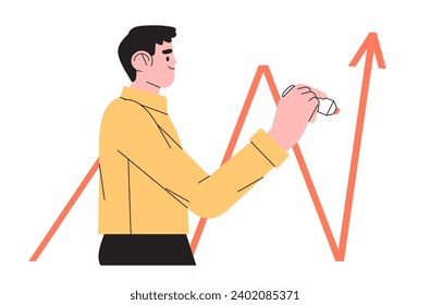 Man draw direction arrow sign with marker, pen or highlighter. Male business analitics emphasise important information with felt pen on white board. Business future course directory illustration.