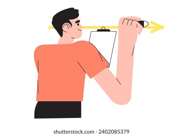 Man draw direction arrow sign with marker, pen or highlighter. Male business analitics emphasise important information with felt pen on white board. Business future course directory illustration.