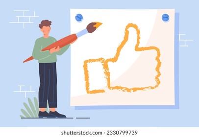 Man draw like on wall concept. Young guy with paint and brush. Minimalistic creativity and art. Positive feedback in social networks and messengers, reactions. Cartoon flat vector illustration