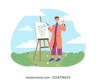 Man draw nature. Young guy with canvas painting nature scene. Creativity and art. Hobby and leisure. Talented artist paints landscape. Flat vector illustration isolated on white background