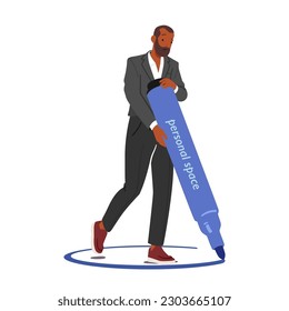 Man Drawing Circle Around Himself, Creating A Personal Boundary, Asserting Presence, Delineating Space. Male Character Demonstrating Self-awareness And Control. Cartoon People Vector Illustration