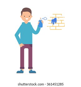 A man drawing graffiti on the wall vector illustration