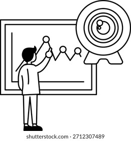 A man is drawing a graph on a white board. The graph shows a downward trend