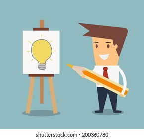 man drawing a light bulb get an idea concept