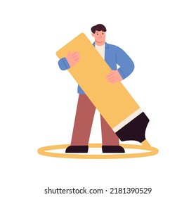 A Man Drawing A Line Around Themselves With A Yellow Highlighter, A Virus Spread Prevention, Personal Boundaries. Vector Illustration 
