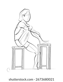 Man drawing model sketch pose, anatomy, sitting in a tall chair with his leg up. Line art pencil drawing style vector illustration on white background.