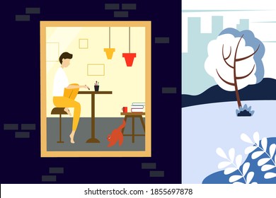 Man zeichnet in einem schönen Interieur. Konzept der Freizeit und Hobbys. Illustration eines halben Hauses und einer Straße. Winter-Vektorgrafik im Flachstil.
