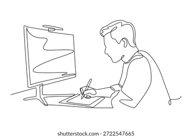 Ein Mann, der auf einem digitalen Bildschirm zeichnet. Selbstständige Konzept. Einzeiliges Zeichnungsdesign. Vektorgrafik