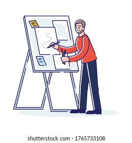 Hombre dibujando sobre el caballete. Artista creativo masculino de dibujos animados que crea dibujos artísticos en tablero blanco. Arte, inspiración e imaginación. Ilustración vectorial de línea
