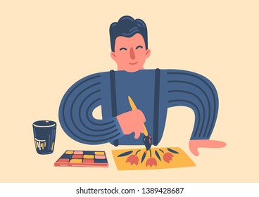 Man drawing on paper. Hand drawn painter, artist, illustrator. Vector illustration.