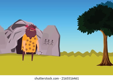 Man Drawing On A Stonewall Flat Character Vector Design. Prehistoric Man With A Stone Cave And Big Tree Vector. Big And Hairy Cave-dweller With A Stone In Hand, Drawing On A Stone.