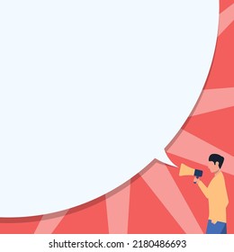 Man Drawing One Hand In Pocket While Holding Megaphone With Large Speech Bubble. Gentleman Design Holds Bullhorn Audio Device Big Conversation Balloon Showing Message.