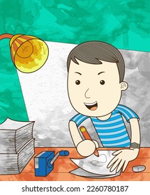 man drawing with pencil and paper vector illustration