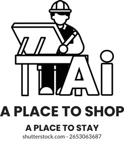 A man is drawing a picture of a building. The logo is black and white. The logo is for a place to shop