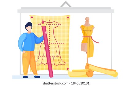 Man drawing the plan for sewing clothes. Male professional writes the length of a dress. Future cloth planning. Pattern of clothes on yellow paper on the background. Mannequin with unfinished dress