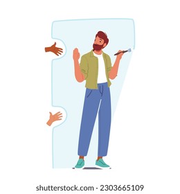 Man Drawing Protective Border Around Himself, Creating A Boundary Of Safety And Solitude, Male Character Escape Crowd, Asserting Control And Establishing Personal Space. Cartoon Vector Illustration