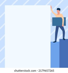 Man Drawing Standing Carrying Large Notebook While Showing Big Whiteboard. Gentleman Design Stands Holding Notepad Holds Giant Sheet Of Paper.