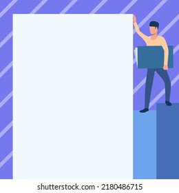 Man Drawing Standing Carrying Large Notebook While Showing Big Whiteboard. Gentleman Design Stands Holding Notepad Holds Giant Sheet Of Paper.