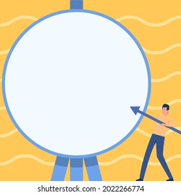 Man Drawing Standing Holding Large Arrow Pointing Towards Big Circular Target On Tripod. Gentleman Design Carrying Large Bolt Points To Large Round Thing.