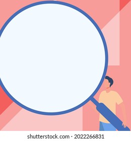 Man Drawing Standing Holding Large Magnifying Glass. Gentleman Design Stands Carrying Huge Hand Magnification Lens Showing New Discoveries.