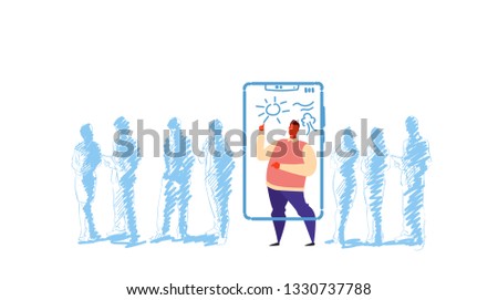 man drawing sun on smartphone screen standing out from crowd people silhouettes individuality concept artist using mobile app full length character sketch doodle horizontal
