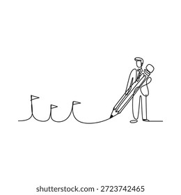 A man drawing a wavy line with an oversized pencil sketch