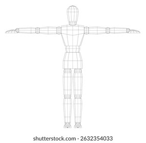 A man is drawn in black and white. The drawing is of a man with a stick in his hand. The stick is positioned in the air, and the man is standing with his arms outstretched