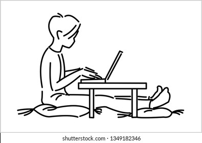 A man drawn by lines sits on a pillow at a low table, looks into a laptop, side view. Modern flat vector illustration isolated, outline.