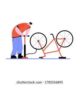 Man Drawn In A Flat Vector Style Swings The Wheel Of A Bicycle Shed With A Pump.Isolated On White Background. Broken Wheel Needs Repair. Flat Design Vector Bike Repair Concept Illustration.

