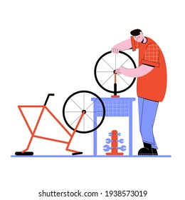 A Man Drawn In A Flat Vector Style Repairs A Bicycle Wheel On A Table In A Workshop.Isolated On White Background. Broken Wheel Needs Repair. Flat Design Vector Bike Repair Concept Illustration.