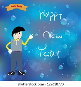 Man drawn Happy New Year on water bubbles and bokeh on gradient blue background,Vector eps10