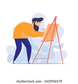 Man draws, artist, creative. Flat design vector illustration.