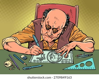 Un hombre dibuja un billete de un dólar. Malvados estafadores. Seguridad del sistema bancario. Dibujo a mano de Ilustración vectorial retro de arte pop de dibujos animados cómicos