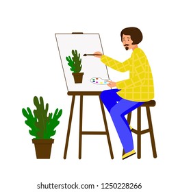 A man draws on canvas. The artist is working on a painting. The guy portrays a pot of flowers. Vector illustration. Character in flat style.