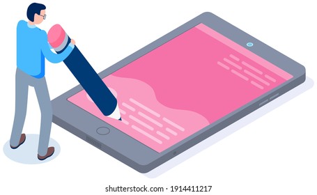 Man draws with pencil on screen. Guy works with smartphone businee application vector illustration. Signing documents or scheduling on mobile phone. Businessman writes with pencil on touchscreen
