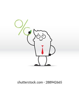 Man draws a percent sign. Vector cartoon illustration.