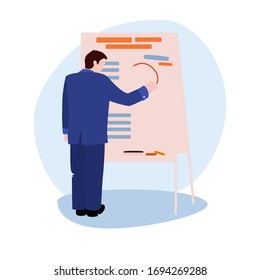 Man Draws A Plan On The Blackboard vector illustration from office collection. Flat cartoon illustration isolated on white