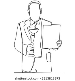 A man draws a single line holding a trophy. Employee appreciation day concept. Continuous line draw graphic design vector illustration.