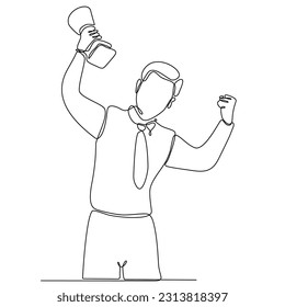 A man draws a single line holding a trophy. Employee appreciation day concept. Continuous line draw graphic design vector illustration.