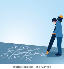 A man draws tic tac toe outside the box. Illustration for breaking the rules, freedom, innovation, and thinking outside the box.