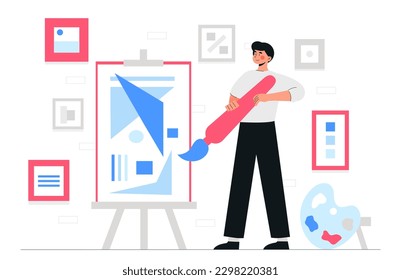 Man draws at workshop concept. Artist with brush stands near canvas with abstract painting of blue geometric shapes.