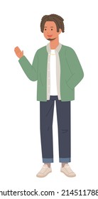 A man with dreadlock hair and a beard is waving his hand in greeting. flat design style vector illustration.