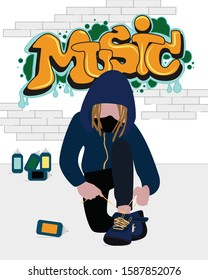 Man with dreadlocks in black mask tying shoelaces. Graffiti is painted on the wall, spray cans are lying around. Flat design.