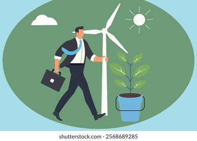 A man with dreadlocks, carrying a briefcase and a plant in a bucket, striding purposefully between a modern wind turbine and a vibrant plant.