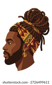Homem com dreadlocks e envoltório de cabeça, usando brinco, visão de perfil, símbolo da cultura africana.