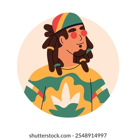 Homem com dreadlocks em óculos escuros e bandana colorida, folha de cannabis em trajes, reggae e estilo relaxado rastafári. Avatar de personagem legal. Ilustração de vetor plano isolada no plano de fundo branco