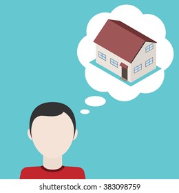 Man dream about house. Concept of desire to obtain it's own home. Vector illustration.