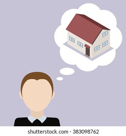Man dream about house. Concept of desire to obtain it's own home. Vector illustration.